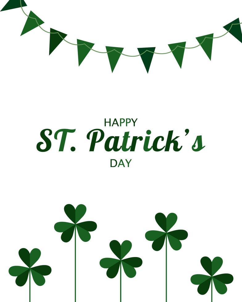 Card for St. Patrick's Day on March 17 with shamrocks and garland of flags. Green shamrocks with place for text on white background. vector