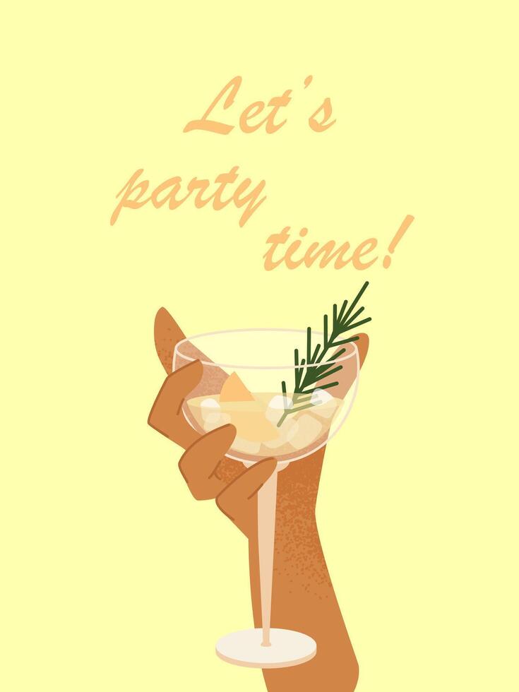 Let's party time. Human hand is holding cocktail. Modern cold alcoholic and non-alcoholic drinks with ice, lemon and rosemary. Summer card with drinks on the yellow background. vector