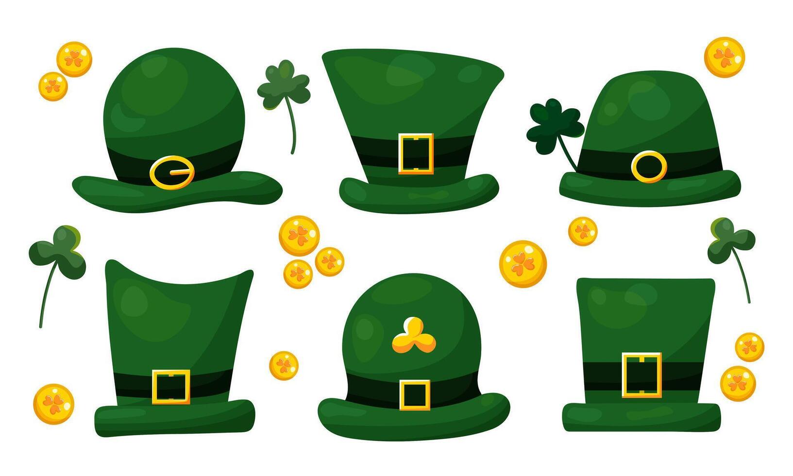 Set of green hats for St. Patrick's Day with gold coins and clover twigs. Isolated elements on white background for postcard, banner, pattern and web designs vector
