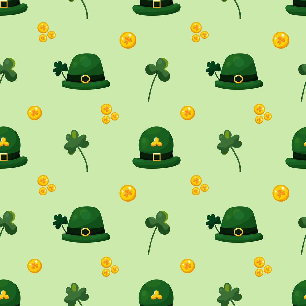 Seamless pattern for St. Patrick's Day with green hats, gold coins and clover twigs on green background. Festive pattern for packaging design, background and decor vector