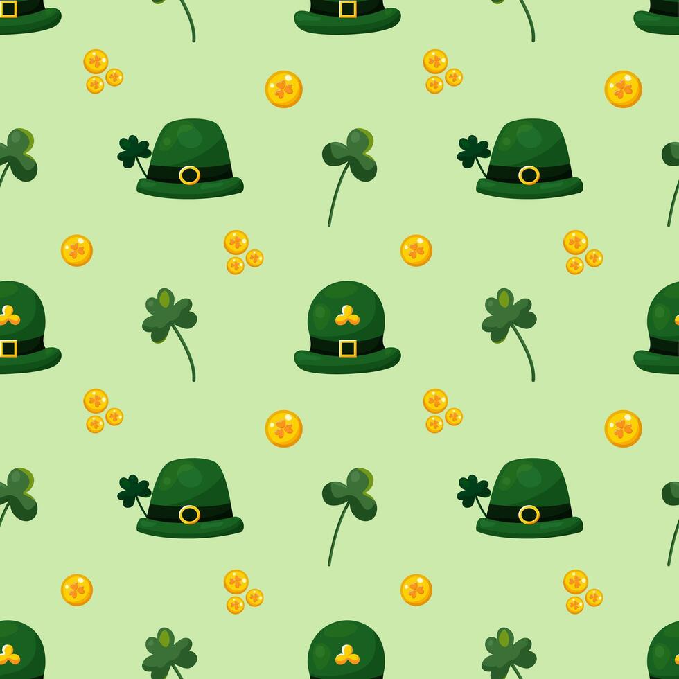 Seamless pattern for St. Patrick's Day with green hats, gold coins and clover twigs on green background. Festive pattern for packaging design, background and decor vector