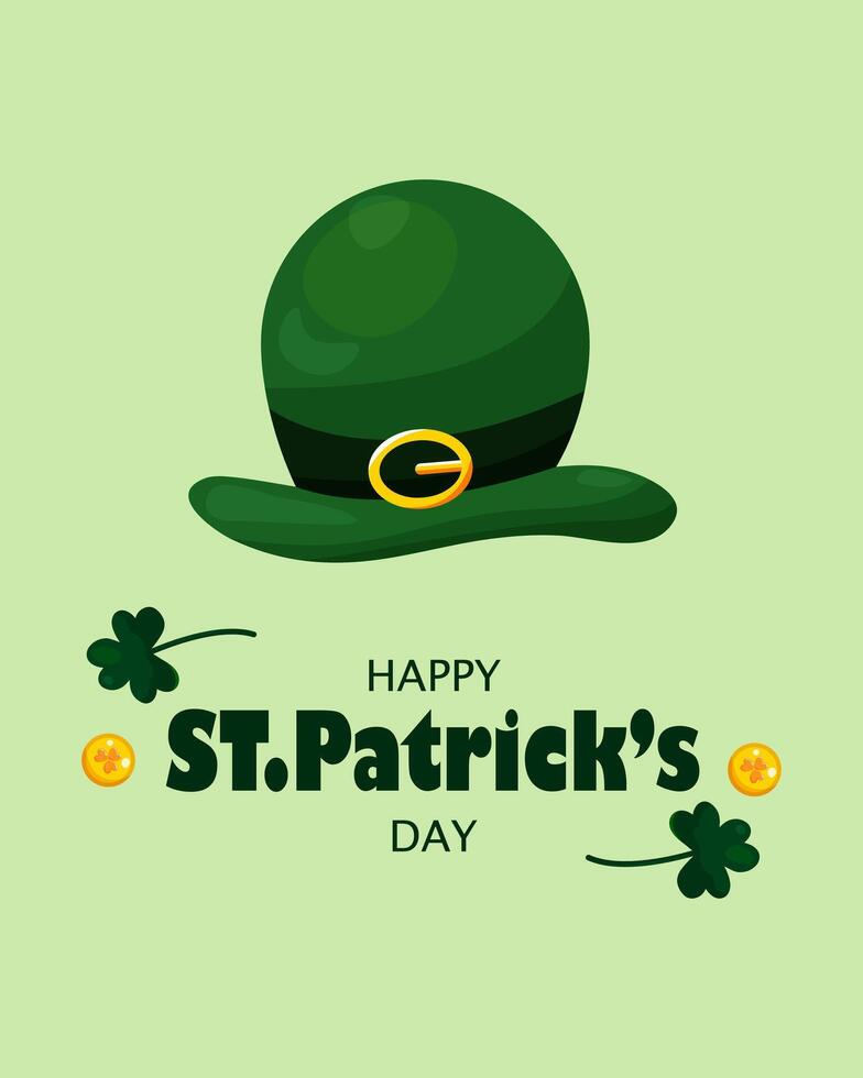 St. Patrick's Day greeting card on March 17th with coins, shamrocks and green Irish elf cap on green background. Happy St. Patrick's Day. vector
