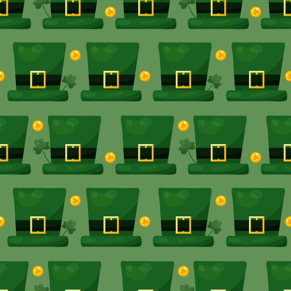 Seamless pattern for St. Patrick's Day with green hats, gold coins and clover twigs on green background. Festive pattern for packaging design, background and decor vector