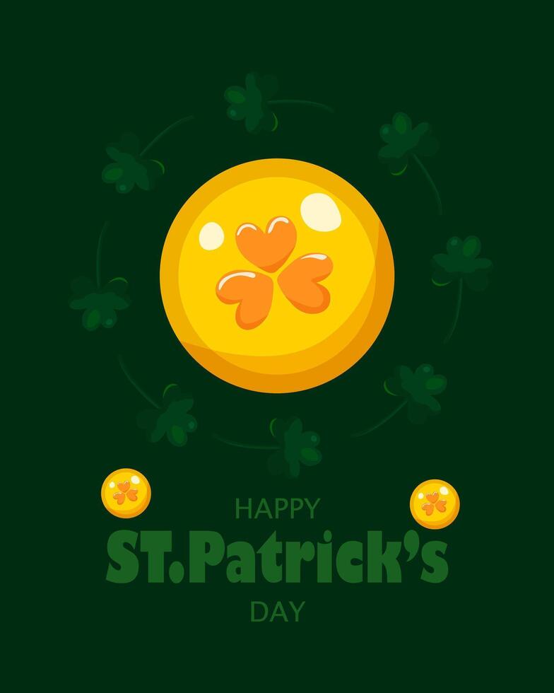 S t. patrick's día saludo tarjeta en marzo 17 con monedas y tréboles amarillo monedas y tréboles en verde antecedentes. contento S t. patrick's día. vector