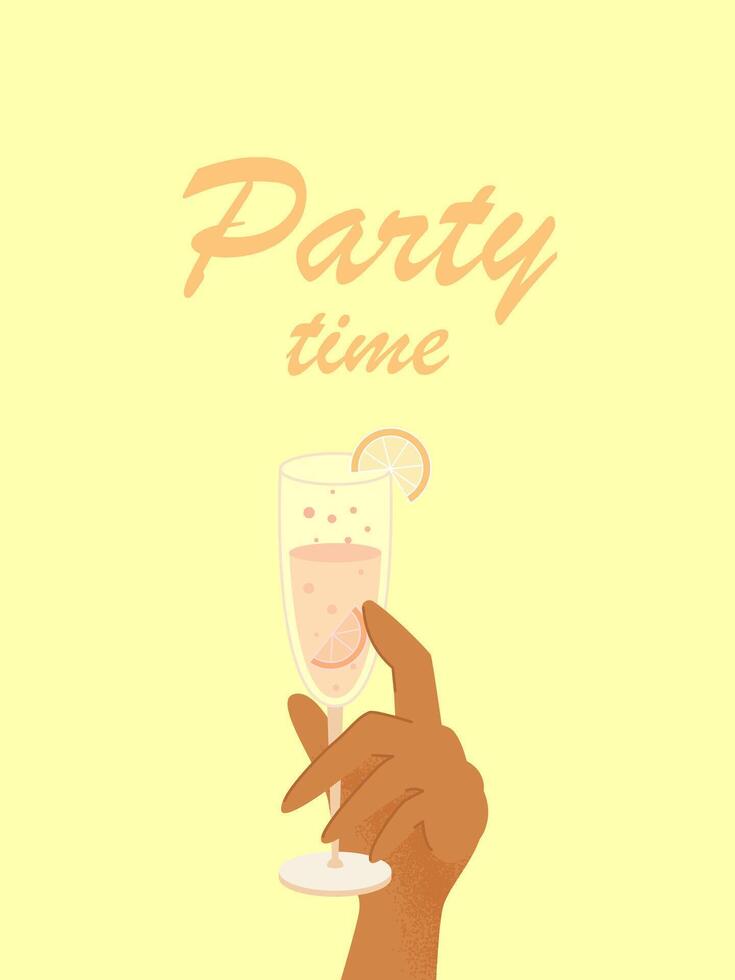 Party time. Human hand is holding champagne cocktail. Modern cold alcoholic and non-alcoholic drinks with ice and lemon. Summer card with drinks on the yellow background vector