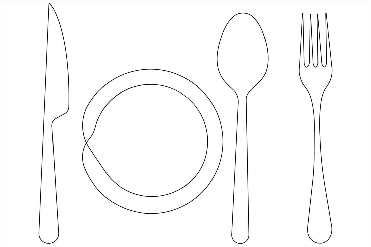 Continuous single line art drawing of food tools for plate, knife, spoon and fork vector illustration