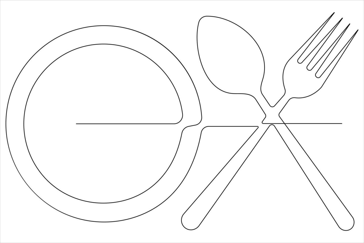 Continuous single line drawing of food tools for plate, spoon and fork vector illustration