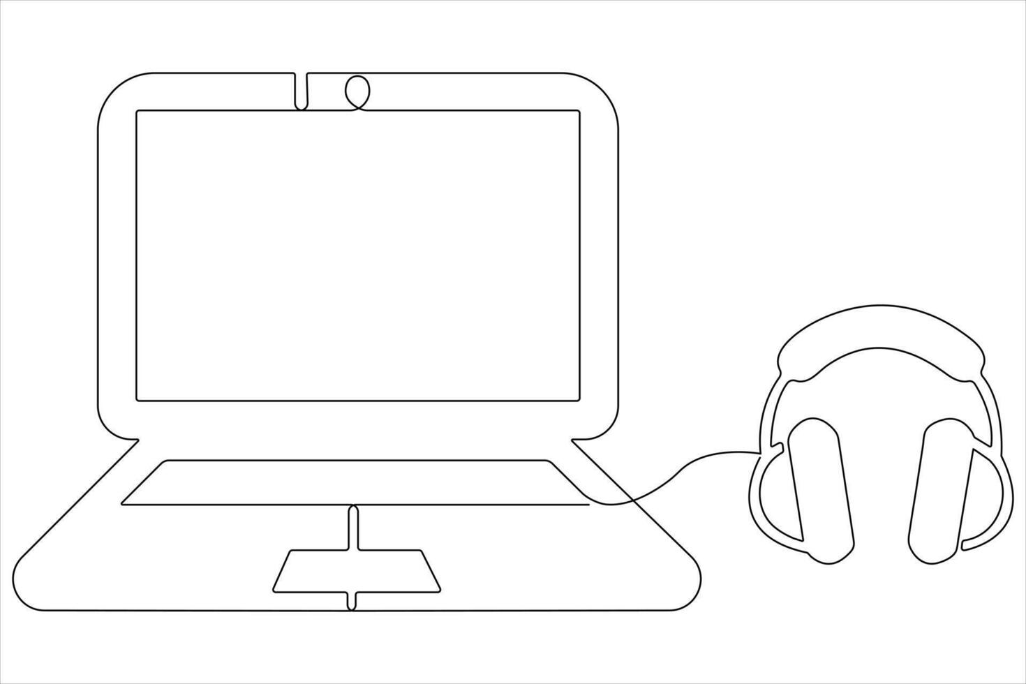 Continuous one line art drawing of laptop concept with headphone outline vector illustration