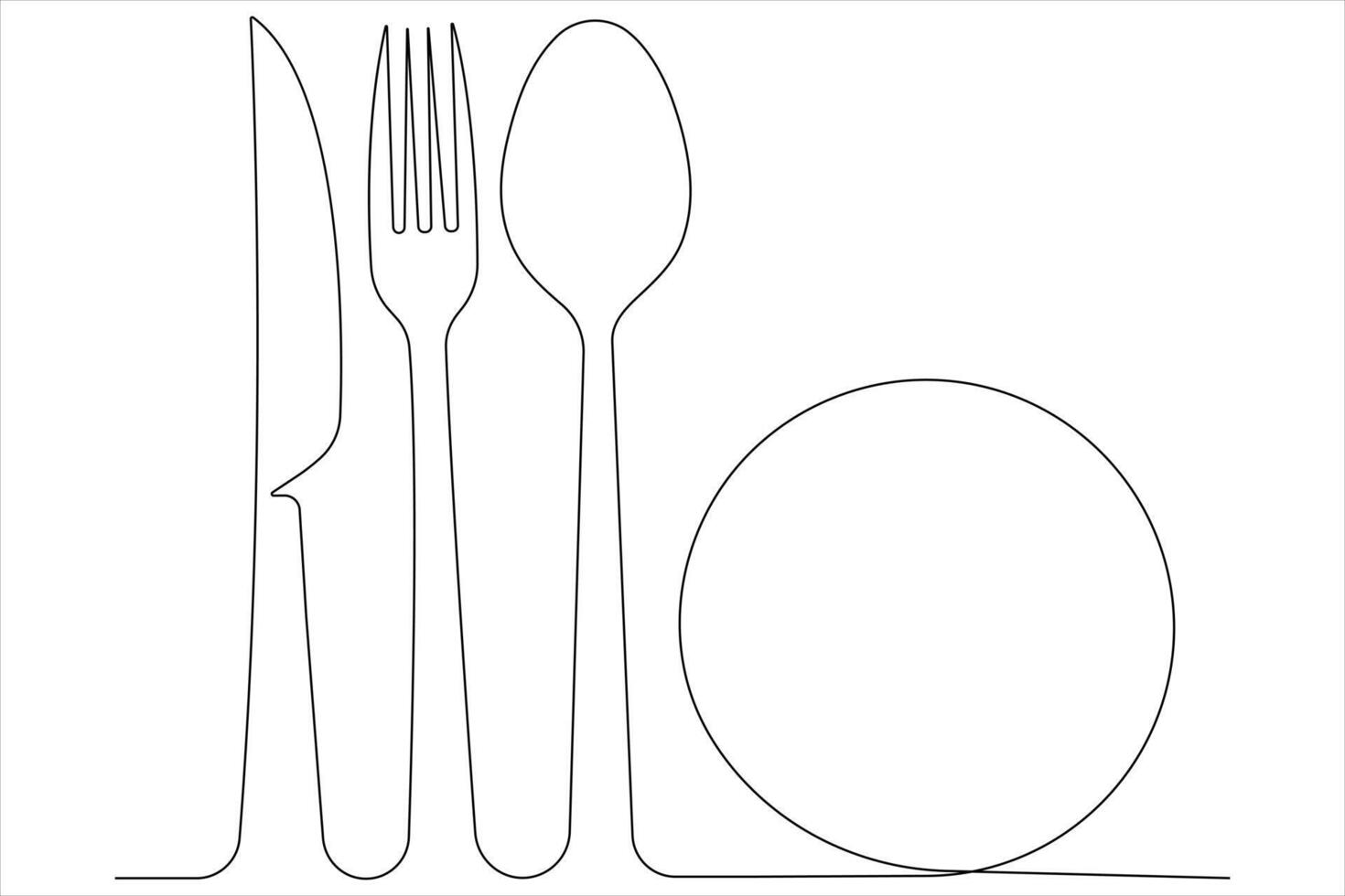 Continuous single line art drawing of food tools for plate, knife, spoon and fork vector illustration