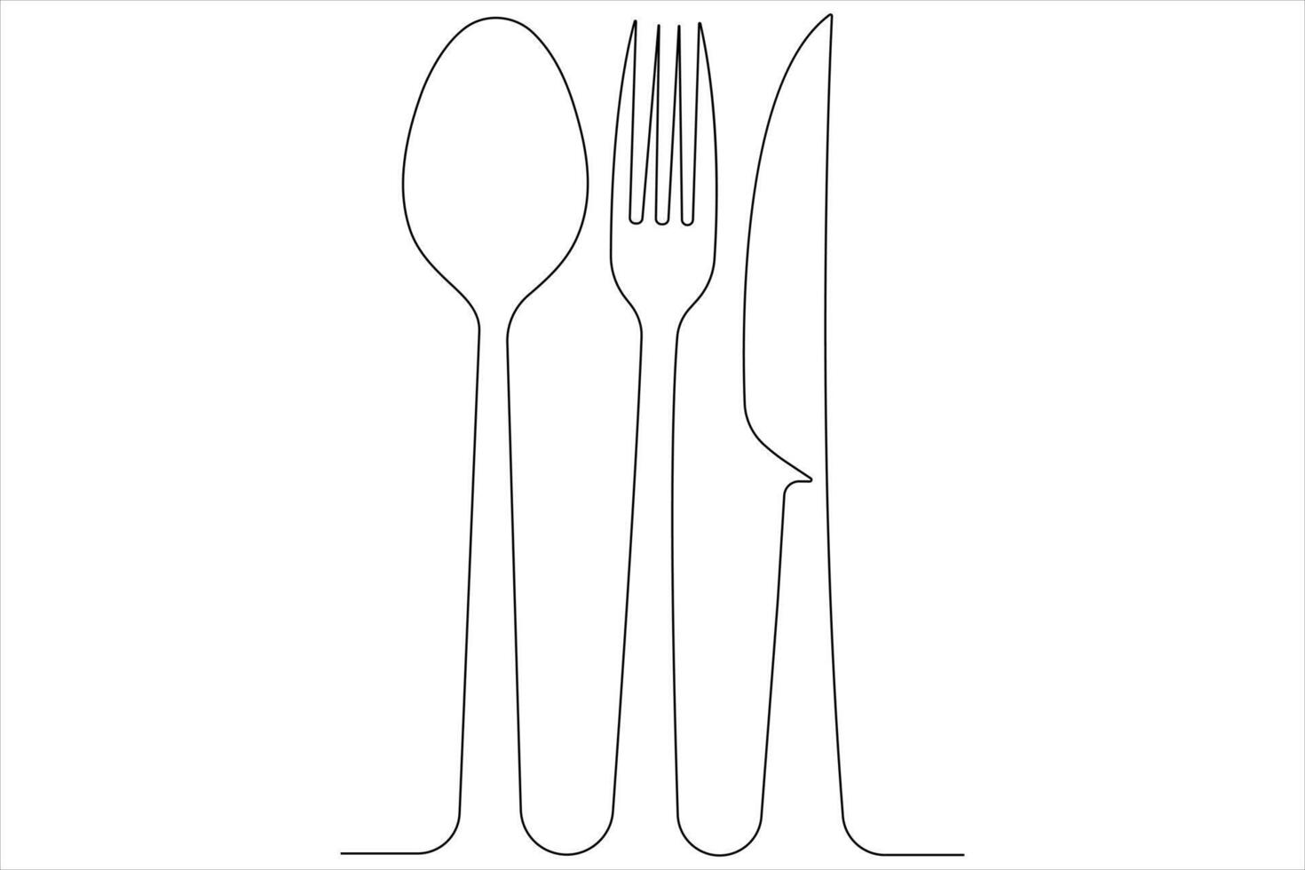 continuo soltero línea Arte dibujo de comida herramientas para cuchara, cuchillo y tenedor contorno vector ilustración