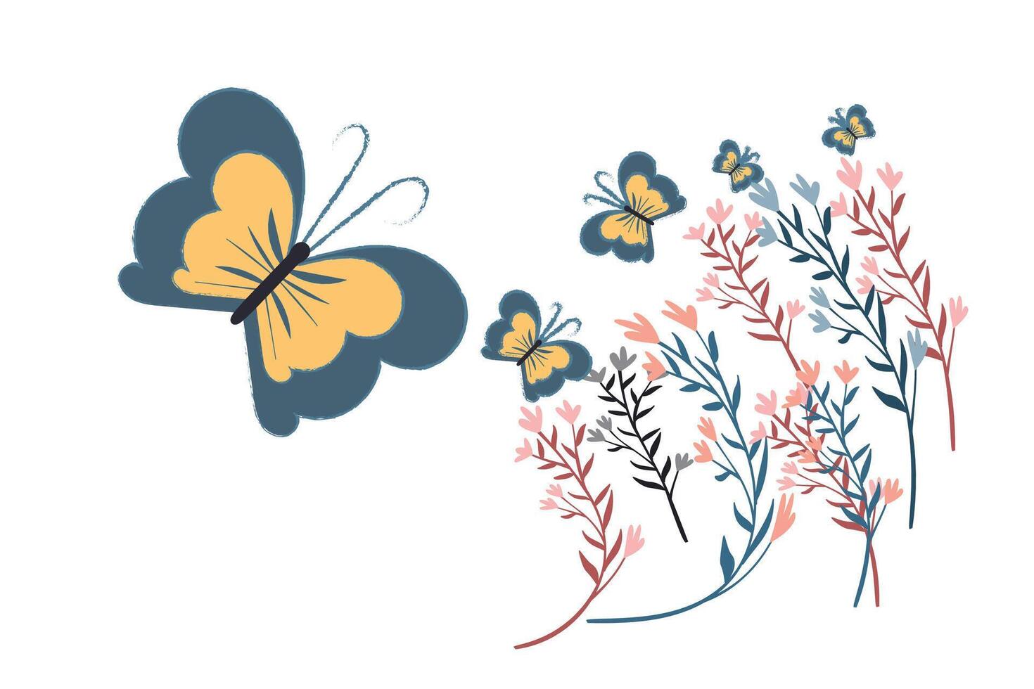 hermosa mariposas con vides flores vector ilustración.