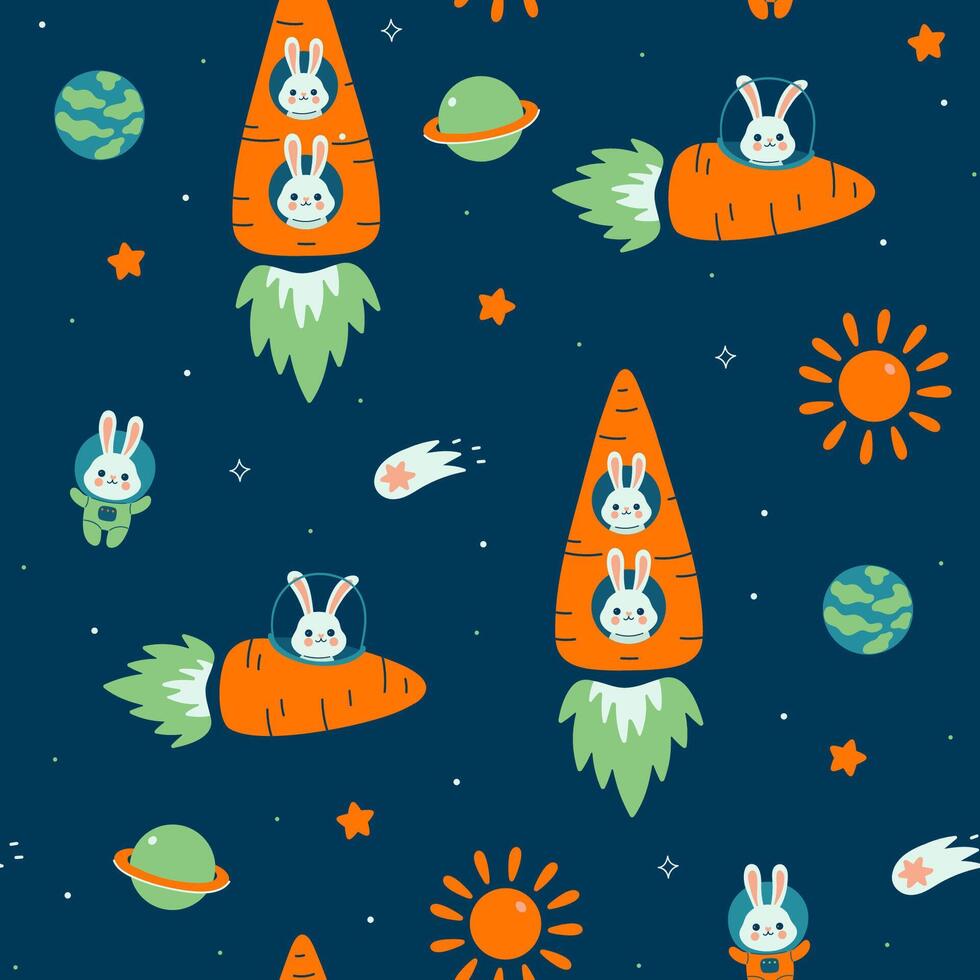 Seamless pattern with space bunnies in carrot spaceships. Vector graphics.