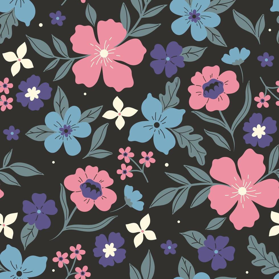 Seamless pattern with pink, blue, purple and white flowers on a black background. Vector graphics.