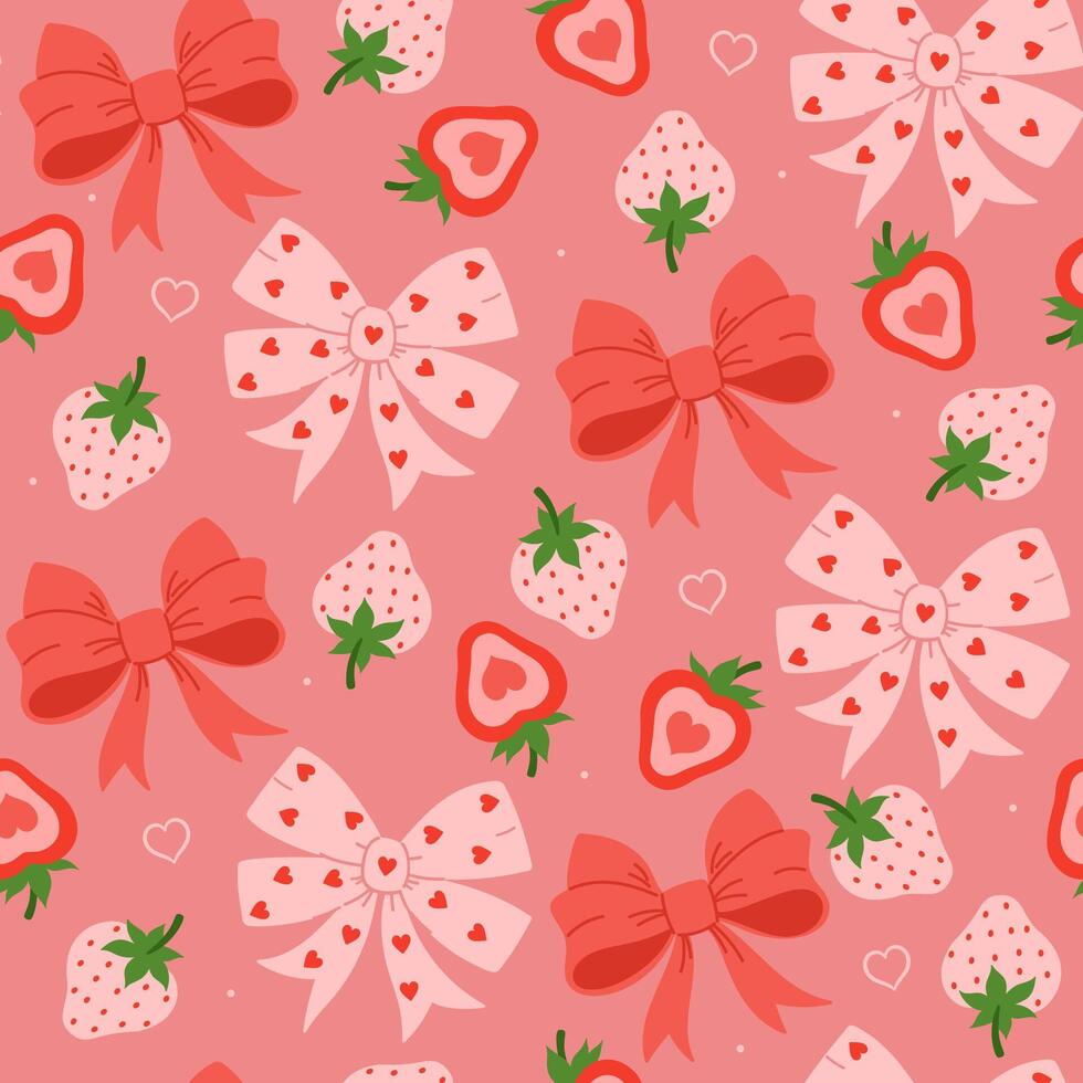 Seamless pattern with strawberries and bows. Vector graphics.