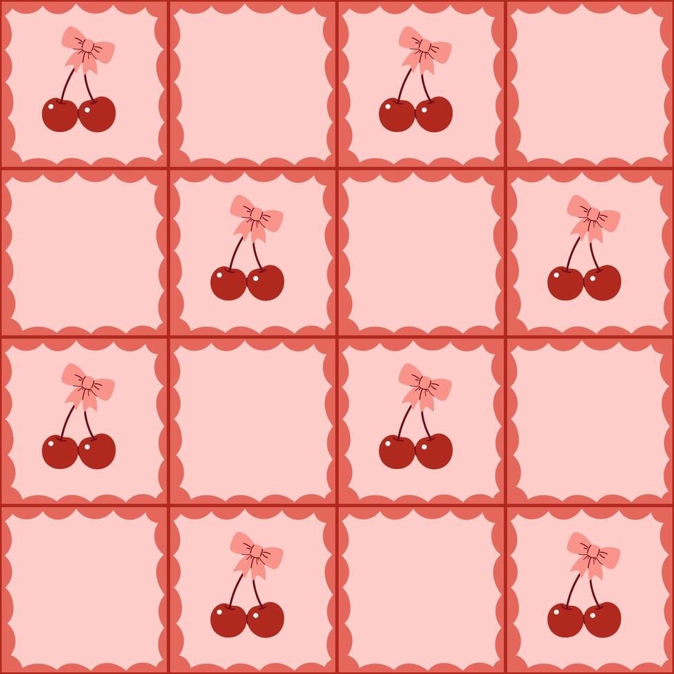 Seamless checkered pattern with cherries with bows. Vector graphics.
