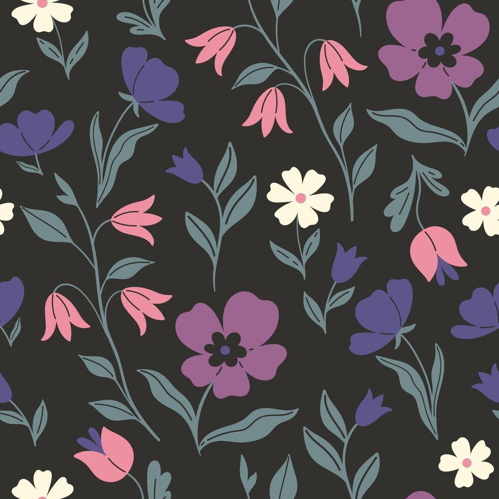 Seamless pattern with blue, purple, pink and white flowers on a black background. Vector graphics.