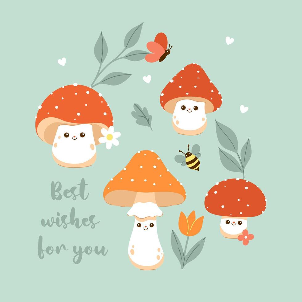 Postcard or poster with cute fly agarics and an inscription. Vector graphics.