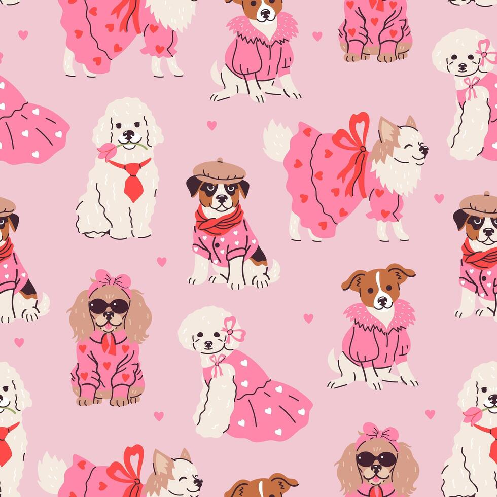 Seamless pattern with cute fashionable dogs in clothes. Vector graphics
