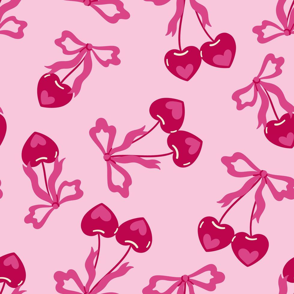 Seamless pattern with heart-shaped cherries with bows. Vector graphics.