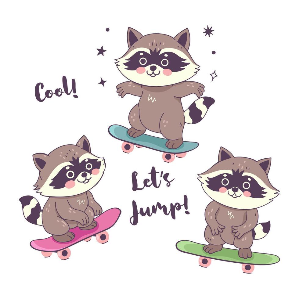 Set of cute raccoons on skateboards. Vector graphics.