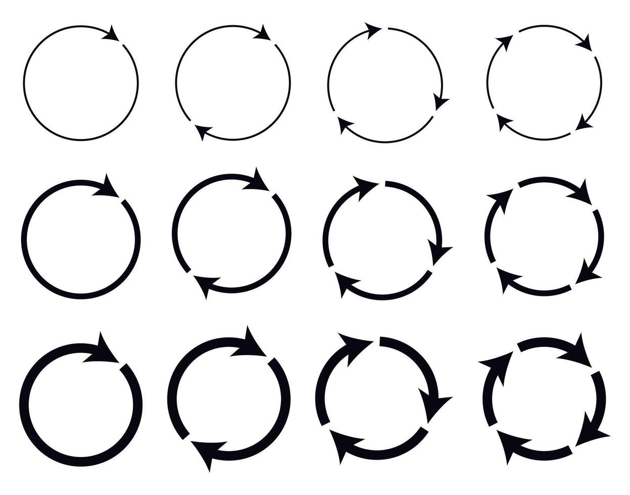 Different circular and different thickness circular arrows sign symbols vector illustration.