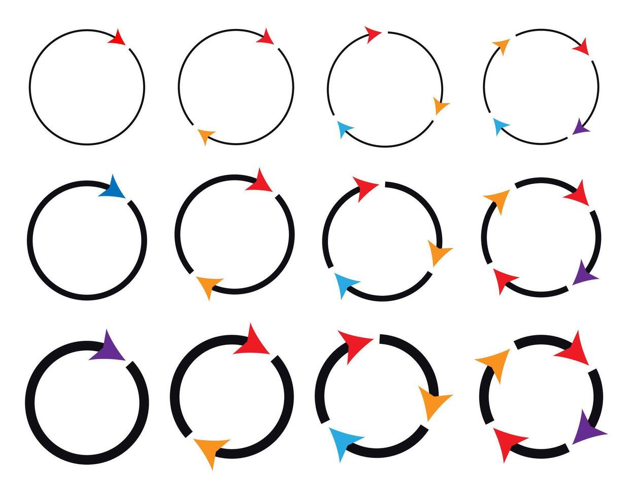 Different circular and different thickness circular arrows sign symbols vector illustration.