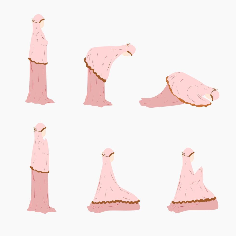 Vector Character Illustrating Islamic Prayer Postures with Muslim Woman in Salah