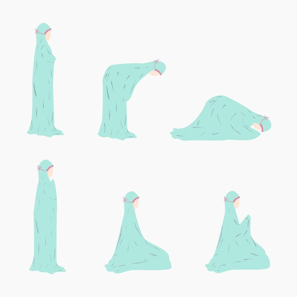 Set illustration of Muslim Woman in Salah Poses Guide for Islamic Prayer Postures vector