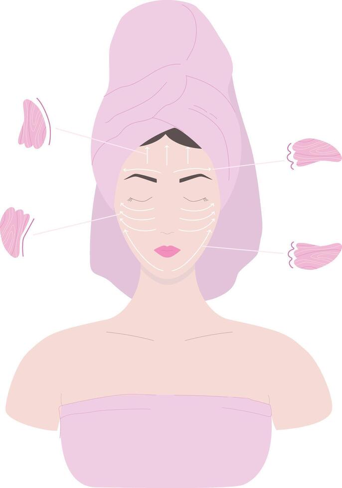 Facial massage with gua sha stone. Female face with massaging lines vector