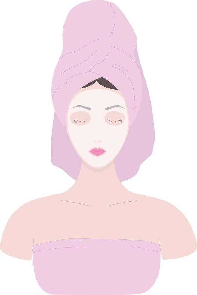 Female with facial sheet mask in pink towel in bathroom. Home beauty routine. Home spa treatment vector