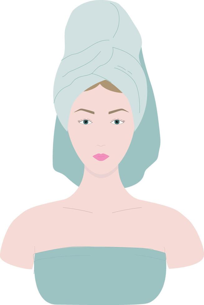 Young woman with towel in head and in bath towel. Home beauty routine. Home spa procedure vector