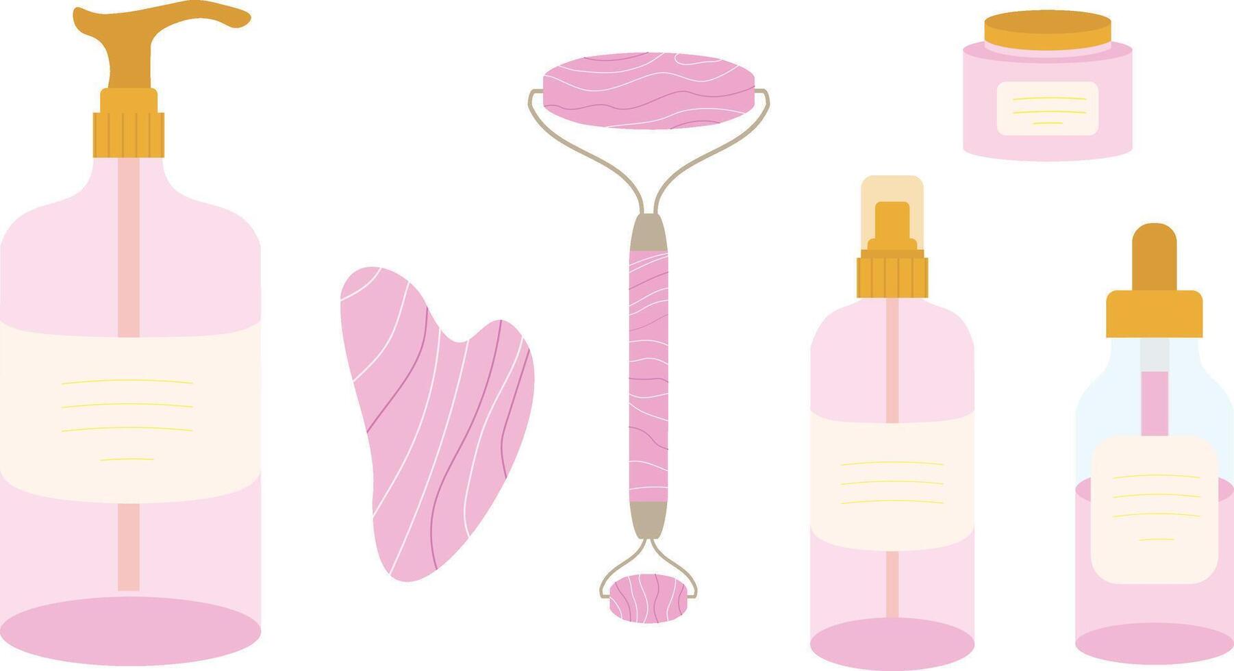 Rose quartz Gua sha stone, roller and massage oil, face cream for skin and body treatment isolated in white background vector