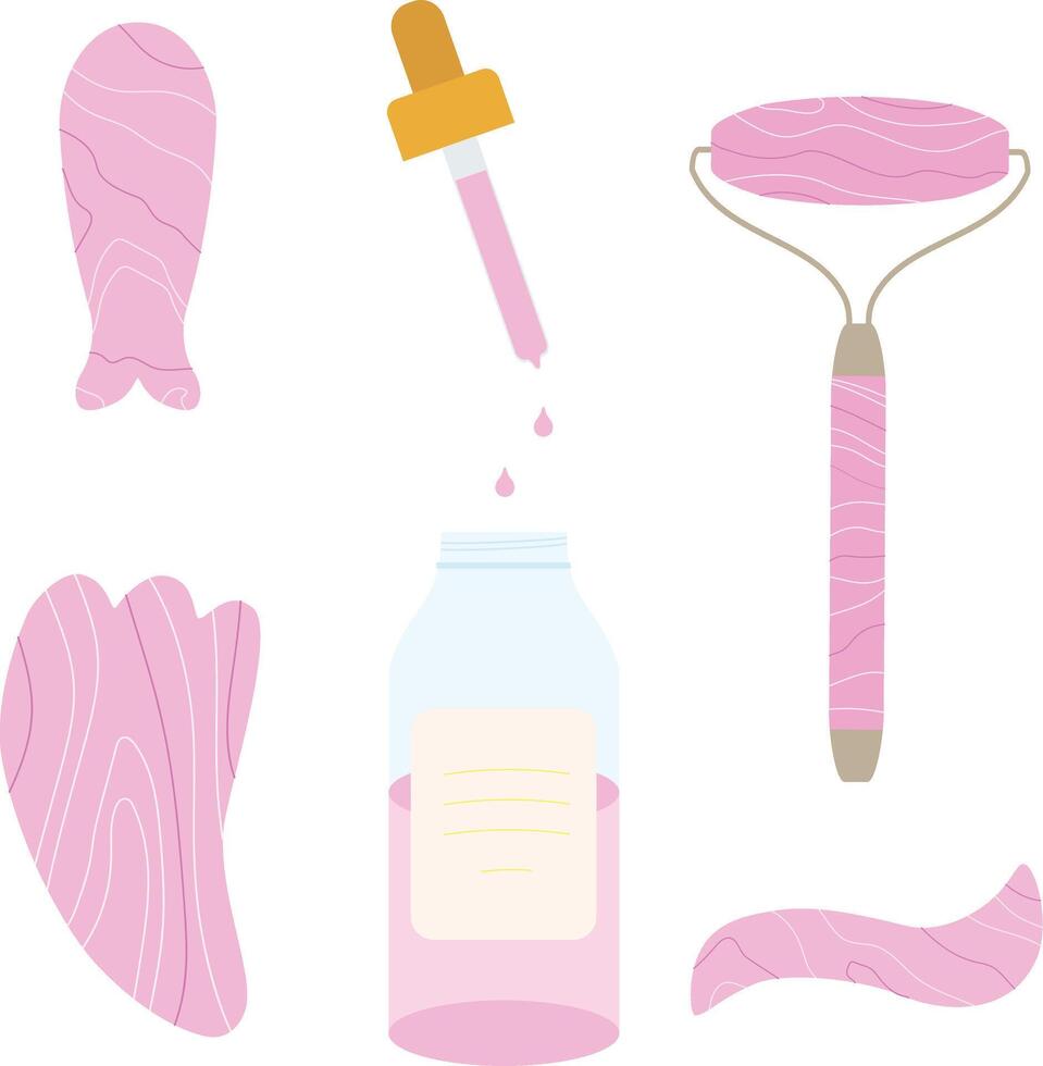 Rose quartz Gua sha stones, roller and massage oil for skin and body treatment isolated in white background. vector