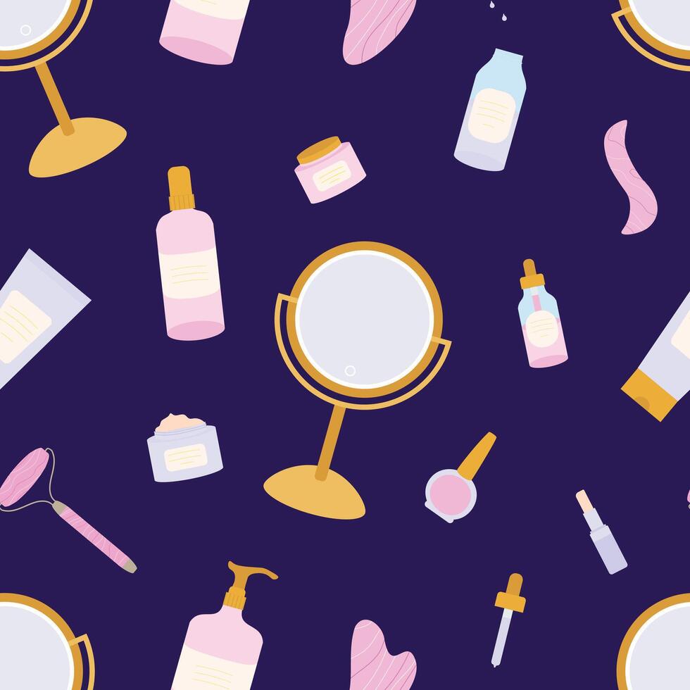 Vector seamless pattern with makeup mirror, gua sha roller ans stones, organic skin products. Facial moisturized cream, toner, cleanser, massage oil