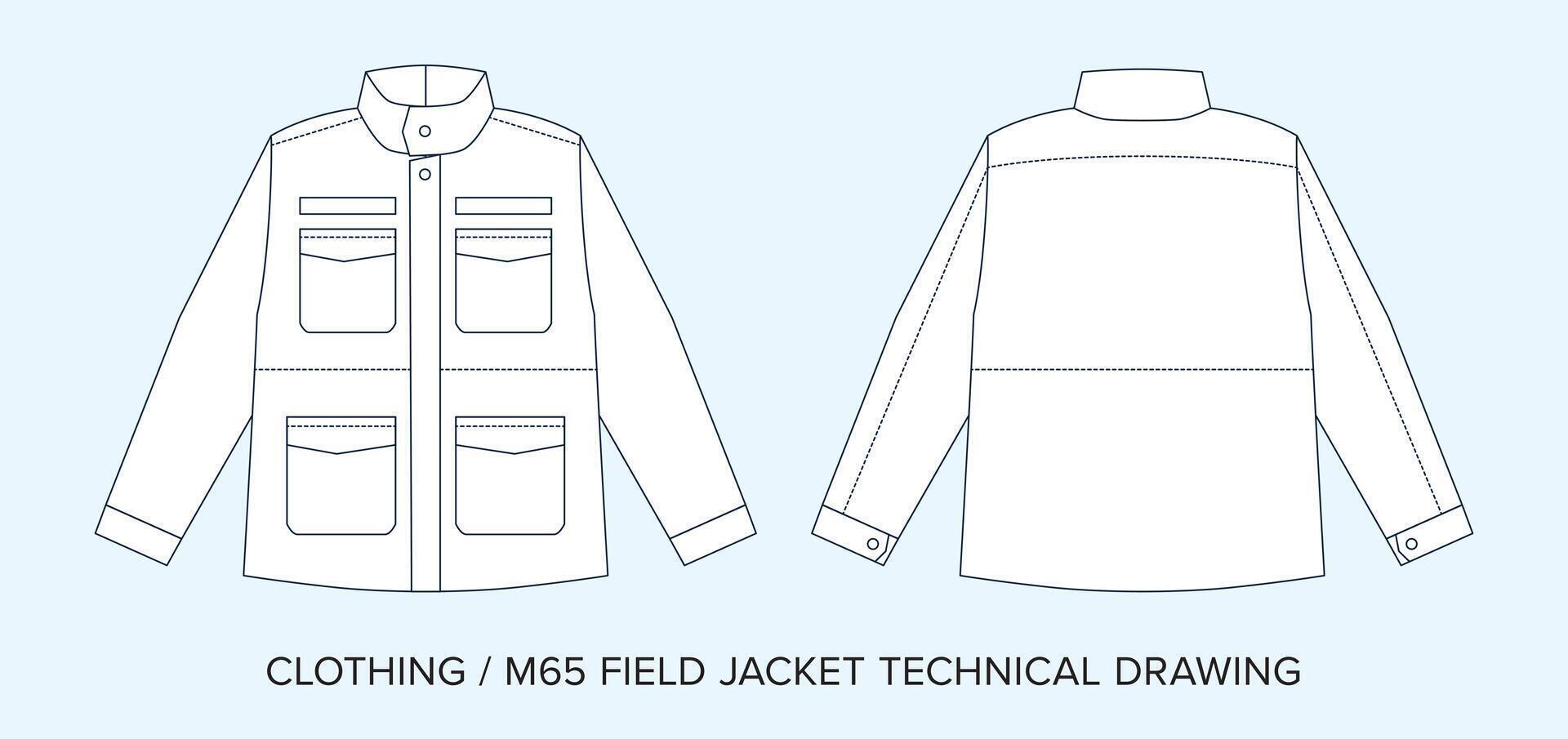 M65 Military Jacket with Pockets, Technical Drawing, Apparel Blueprint for Fashion Designers vector