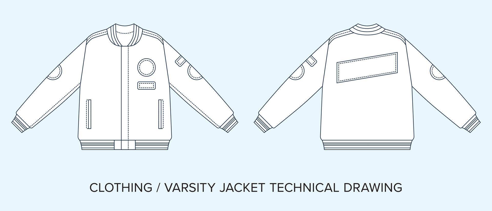 universidad chaqueta con bolsillos y parches, técnico dibujo, vestir Plano para Moda diseñadores vector