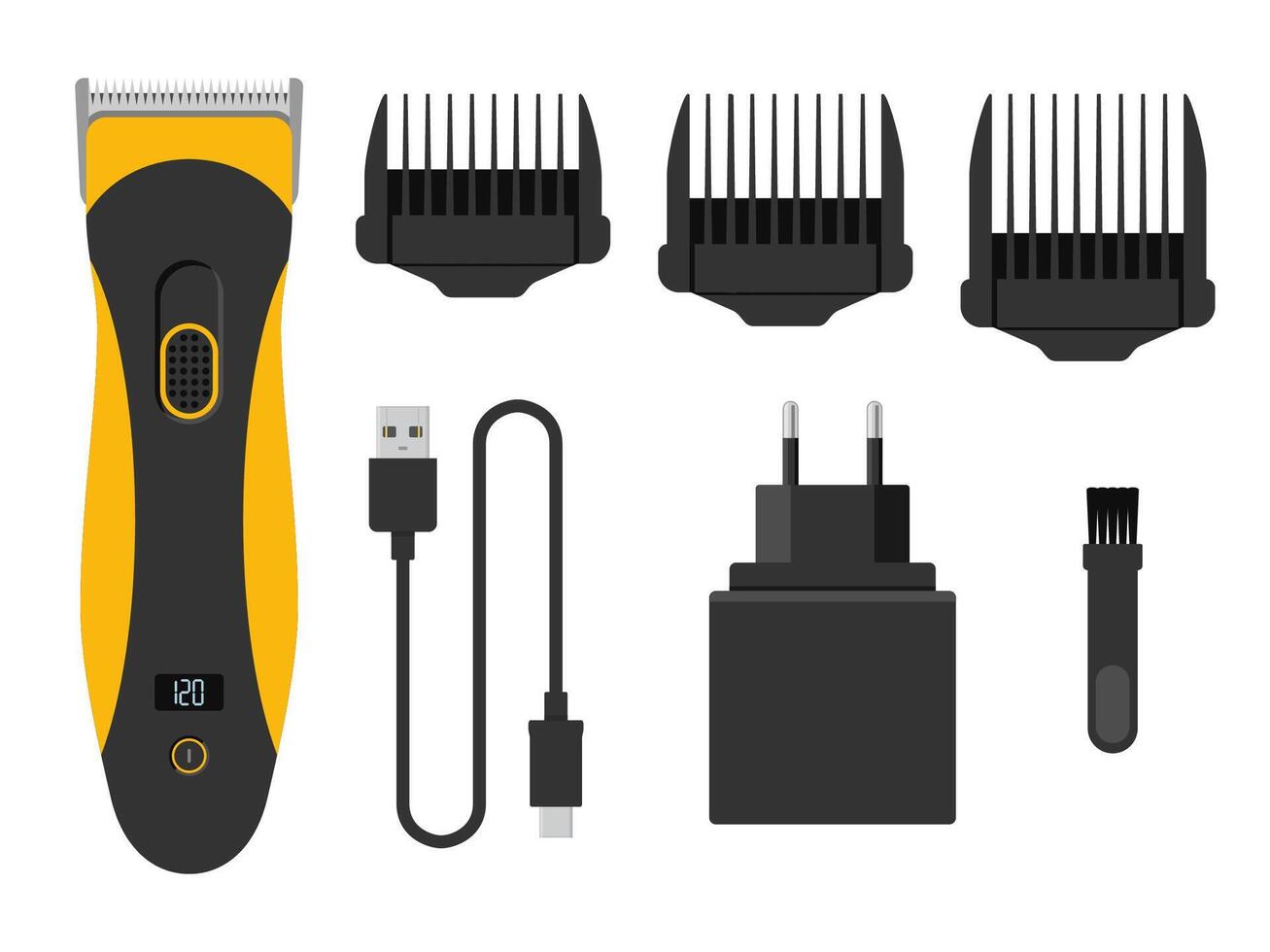 Hair and beard clipper trimmer set isolated on a white background. Electric hairdressing equipment, hair clipper and interchangeable nozzles in a flat style. Vector illustration