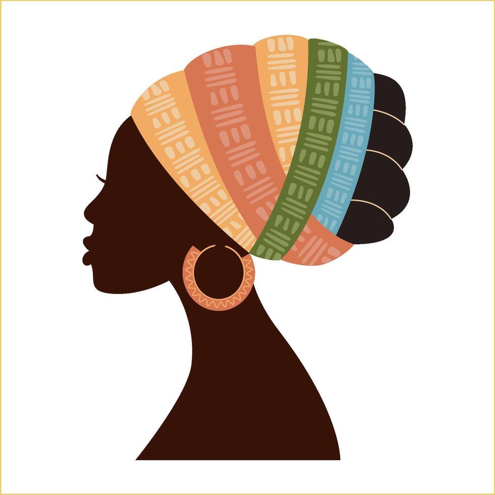Beautiful African woman silhouette in traditional multicoloured  turban profile view. Black afro women vector isolated with traditional batik, ethnic background. African Logo