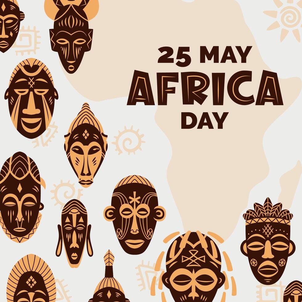 Africa Day concept with Africa silhouette and ethnic tribal ritual masks. Ethnic and Tribal Motifs. Hand drawn. For poster, card, banner, print, flyer. Vector illustration