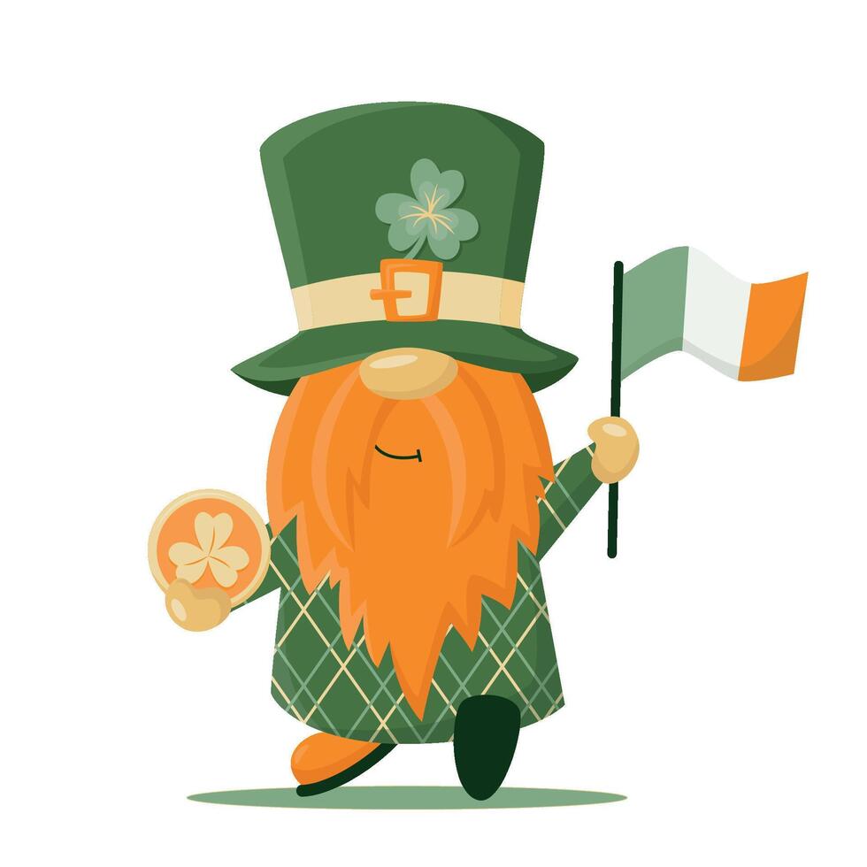 mano dibujado linda gnomo en S t patrick's disfraz con Irlanda bandera y oro moneda. irlandesa gnomo con trébol en sombrero para bueno suerte. vector ilustración para tarjetas, decoración, camisa diseño, invitación, bandera