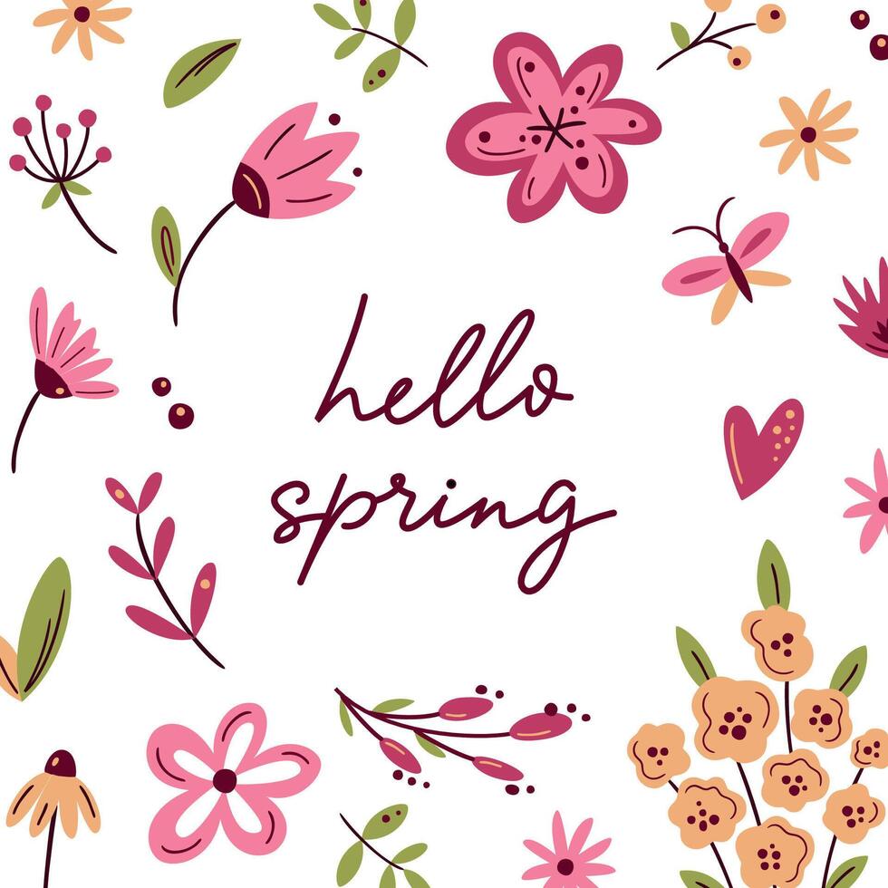 Hello spring. Romantic greeting card with lettering and scandinavian flowers in light colours. Floral greeting cards, poster, social media post or banner template vector