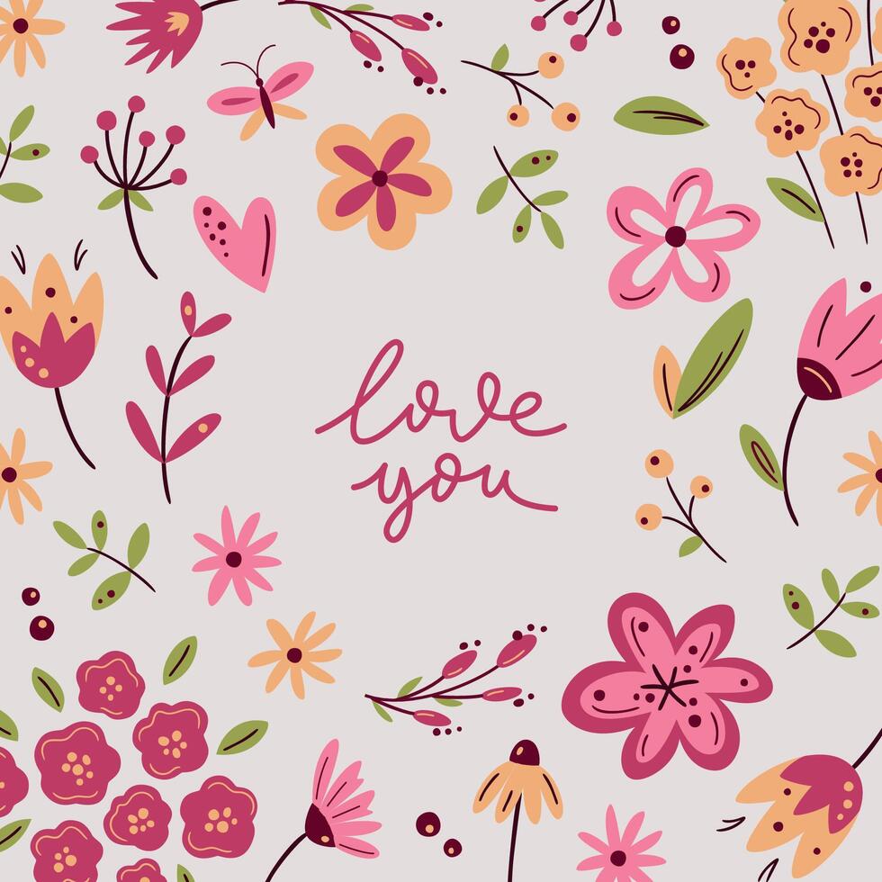 Love you. Romantic greeting card with lettering and scandinavian flowers in light colours. Valentine's Day floral greeting cards, poster, social media post or banner template vector
