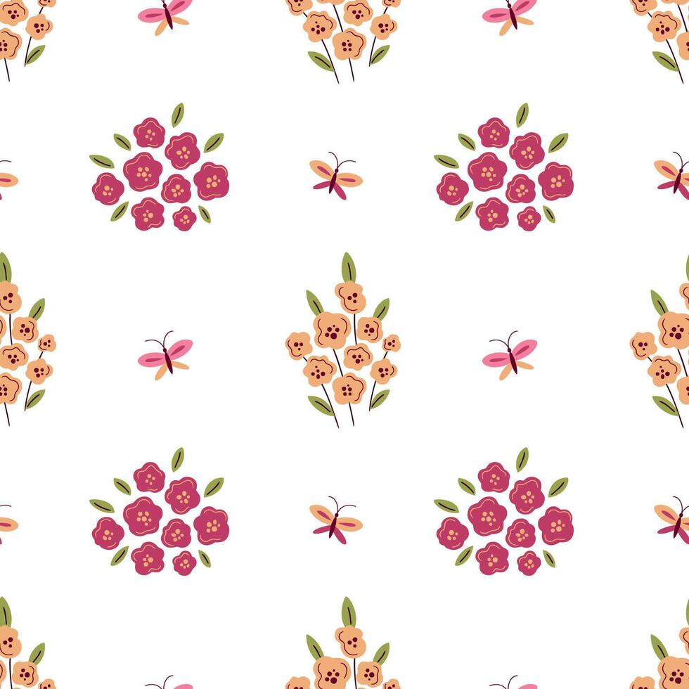 Floral seamless pattern in pink and viva magenta colours. For surface or textile design, covers, wallpapers, print. Spring holidays, wedding or birthday cards, mother day greeting vector