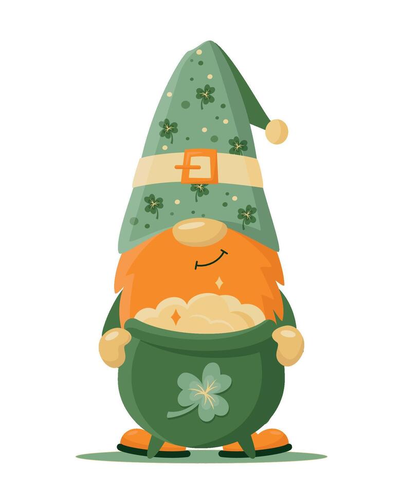 Hand drawn cute gnome in St Patrick's disguise with pot of gold. Irish gnome with shamrocks on hat for good luck. Vector illustration for cards, decor, shirt design, invitation, banner