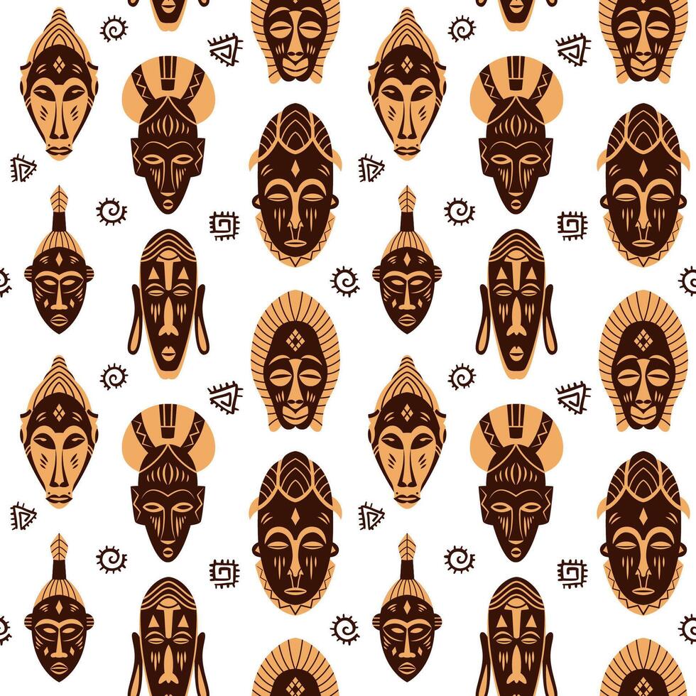 Tribal African face masks Seamless Pattern. Traditional bushmen aborigines of Africa. Ethnic symbol masks. Vector Illustration