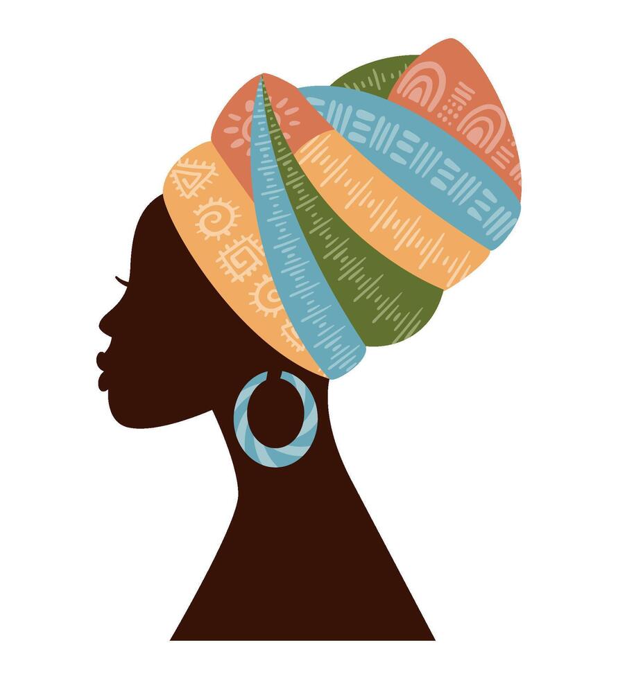 Beautiful African woman silhouette in traditional multicoloured  turban, profile view. Black afro women vector isolated with traditional batik, ethnic background. African Logo