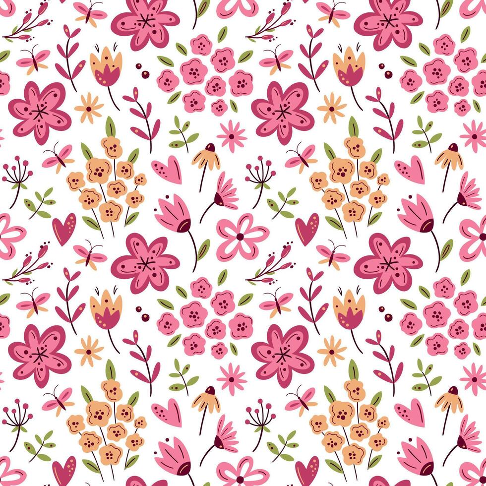 Floral seamless pattern in pink and viva magenta colours. For surface or textile design, covers, wallpapers, print. Spring holidays, wedding or birthday cards, mother day greeting vector