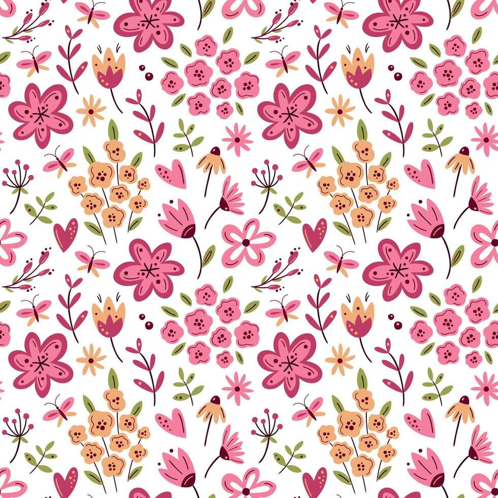 Floral seamless pattern in pink and viva magenta colours. For surface or textile design, covers, wallpapers, print. Spring holidays, wedding or birthday cards, mother day greeting vector