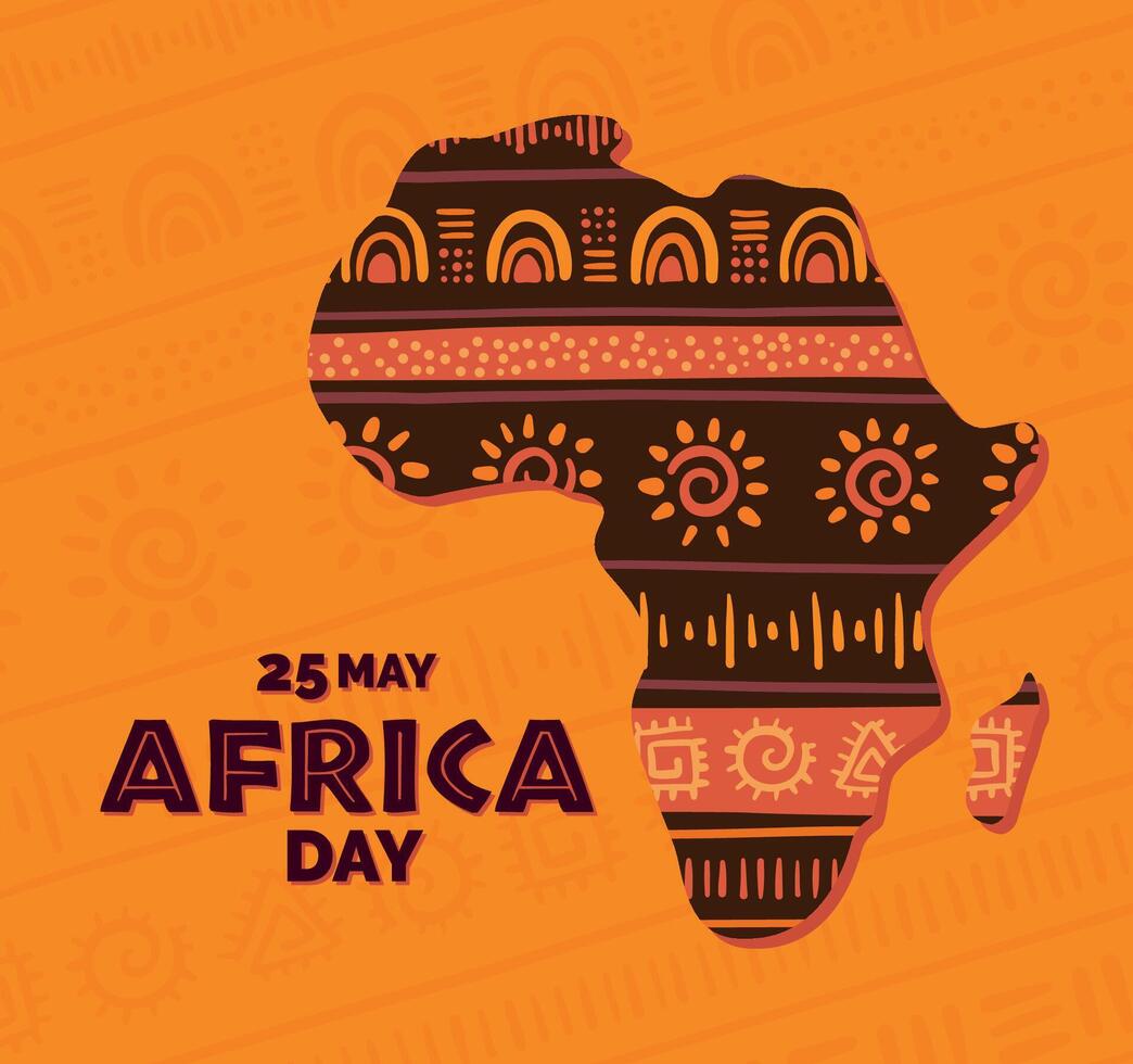 África día concepto con África silueta y estilizado africano ornamento. étnico y tribal motivos mano dibujado. horizontal rayas. para póster, tarjeta, bandera, imprimir, volantes. vector ilustración