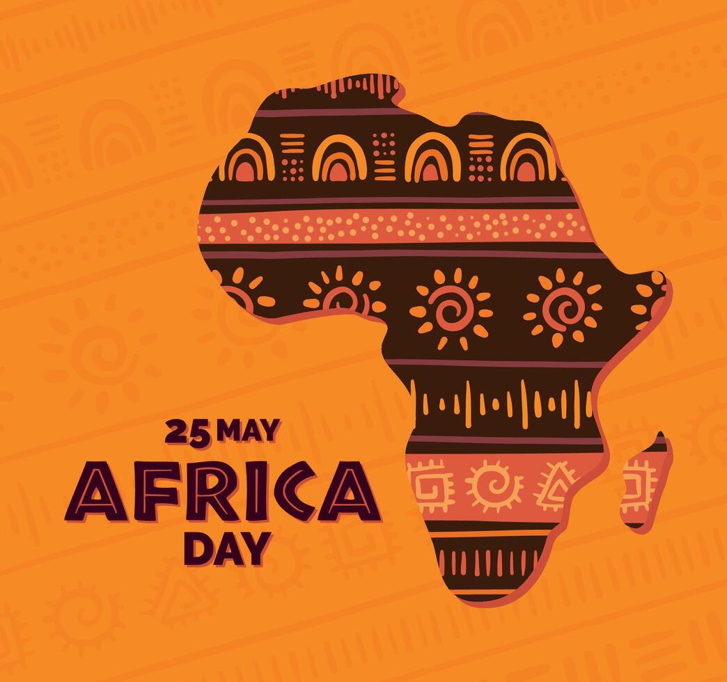 Africa Day concept with Africa silhouette and Stylized African ornament. Ethnic and Tribal Motifs. Hand drawn. Horizontal stripes. For poster, card, banner, print, flyer. Vector illustration